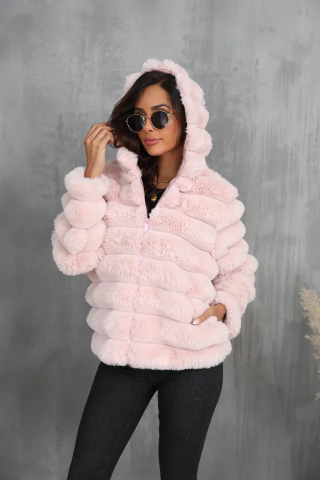 Women's Striped Hooded Imitation Fur Short Jacket Pink - Shop at LoveMi