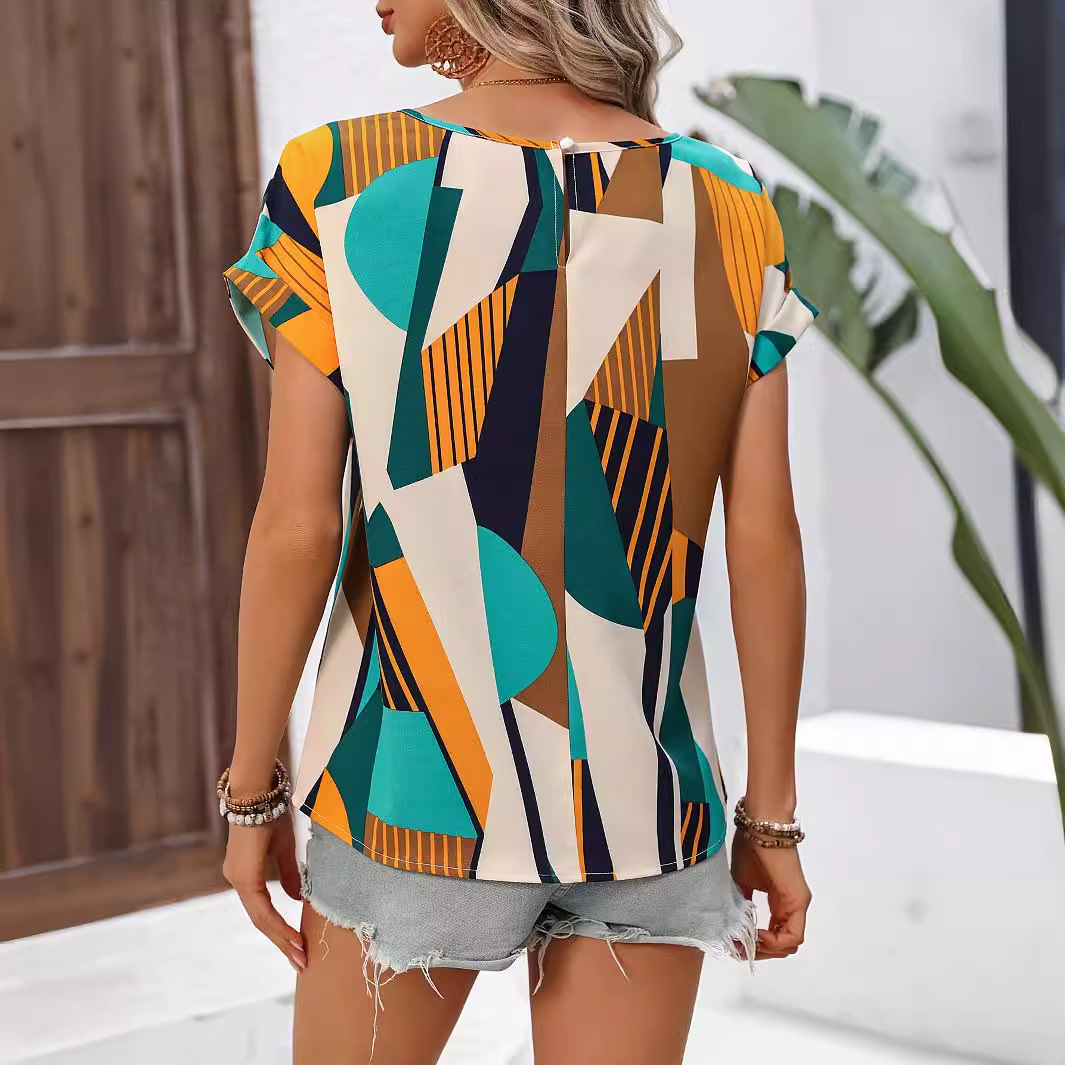Geometric Printed Short-sleeved Women's Shirt