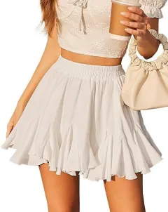 Skirt A- Line High Waist Pleated Mini Elastic Waist - White - View 1