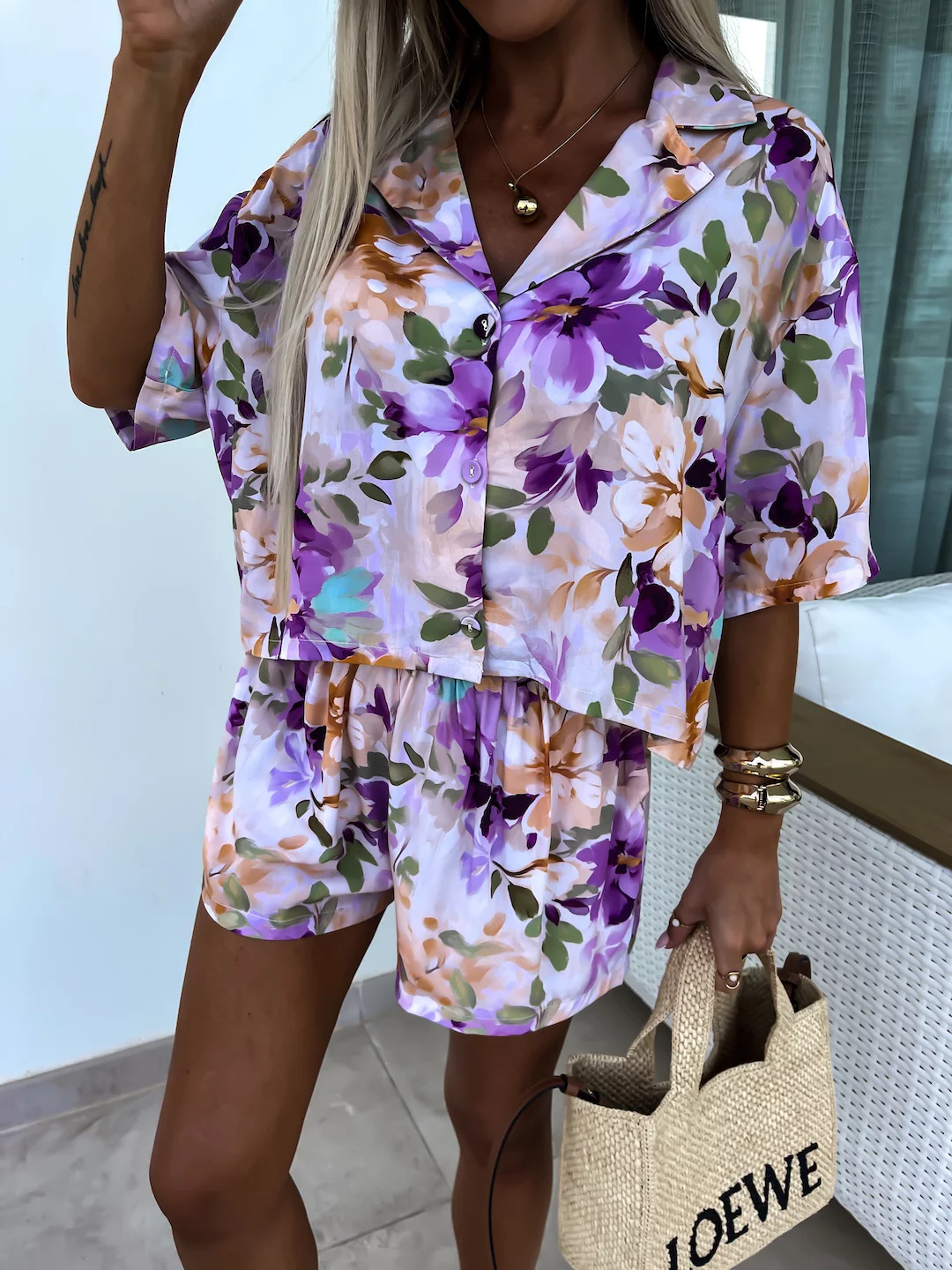 Female Suit Collar Short-sleeved Shorts Two-piece Suit Fashion Printed Casual