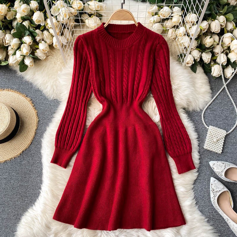 Twisted Waist Knitted Long sleeve Sweater Dress Wine Red - Shop at LoveMi