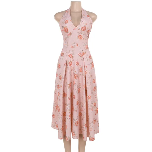 Floral Print Halter A Line Dress Women Pink - Shop at LoveMi