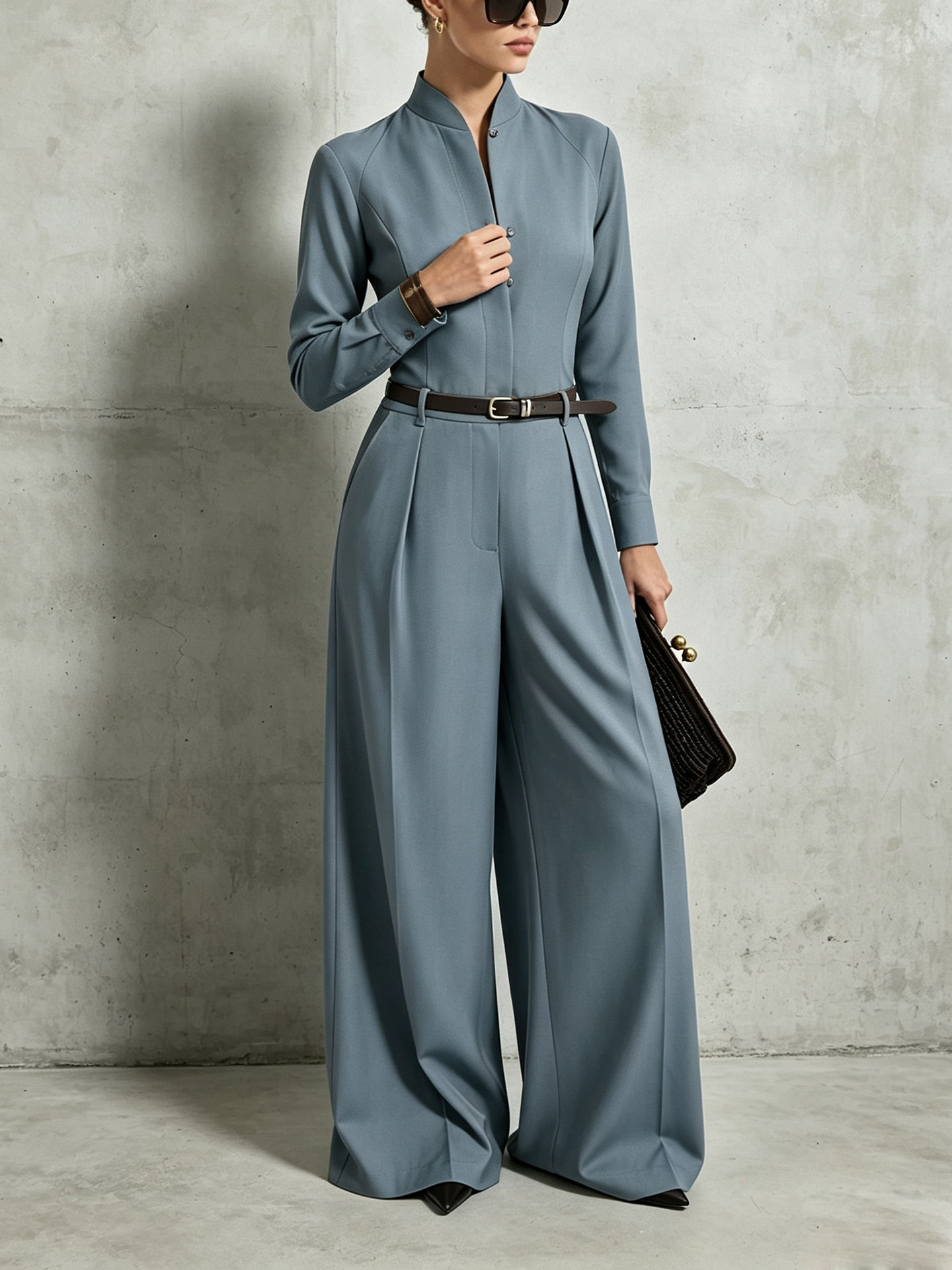 High-end Womens Jumpsuit With A Stand-up Collar And Long Sleeves