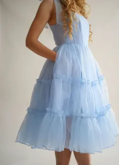 Square-neck Solid-colour Wooden High-waist Flared Sleeveless Dress - Blue - View 1