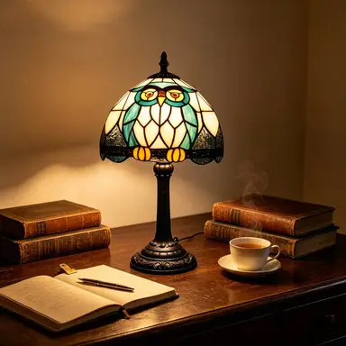 Decorative Resin Table Lamp with Tiffany-Style Stained Glass Shade