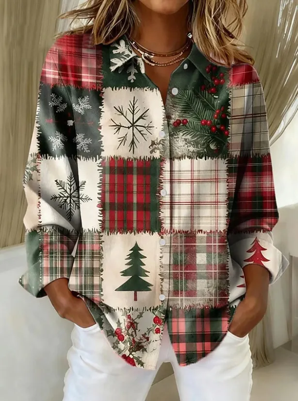 Womens Plaid Loose Fit Retro Long Sleeve Shirt Top Style 3 3Xl - Shop at LoveMi