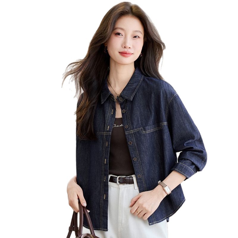 Dark Blue Long-sleeve Denim Shirt Womens Loose Fit 3
