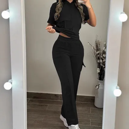 Casual Solid Color Hoodie And Straight Leg Pants Two Piece Set Black - Shop at LoveMi