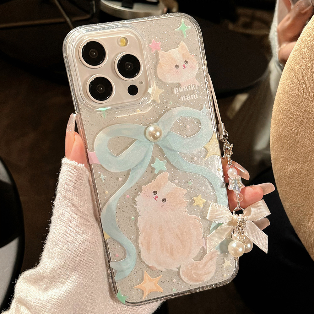 Glitter Phone Case With Bow And Cat Charm Lanyard