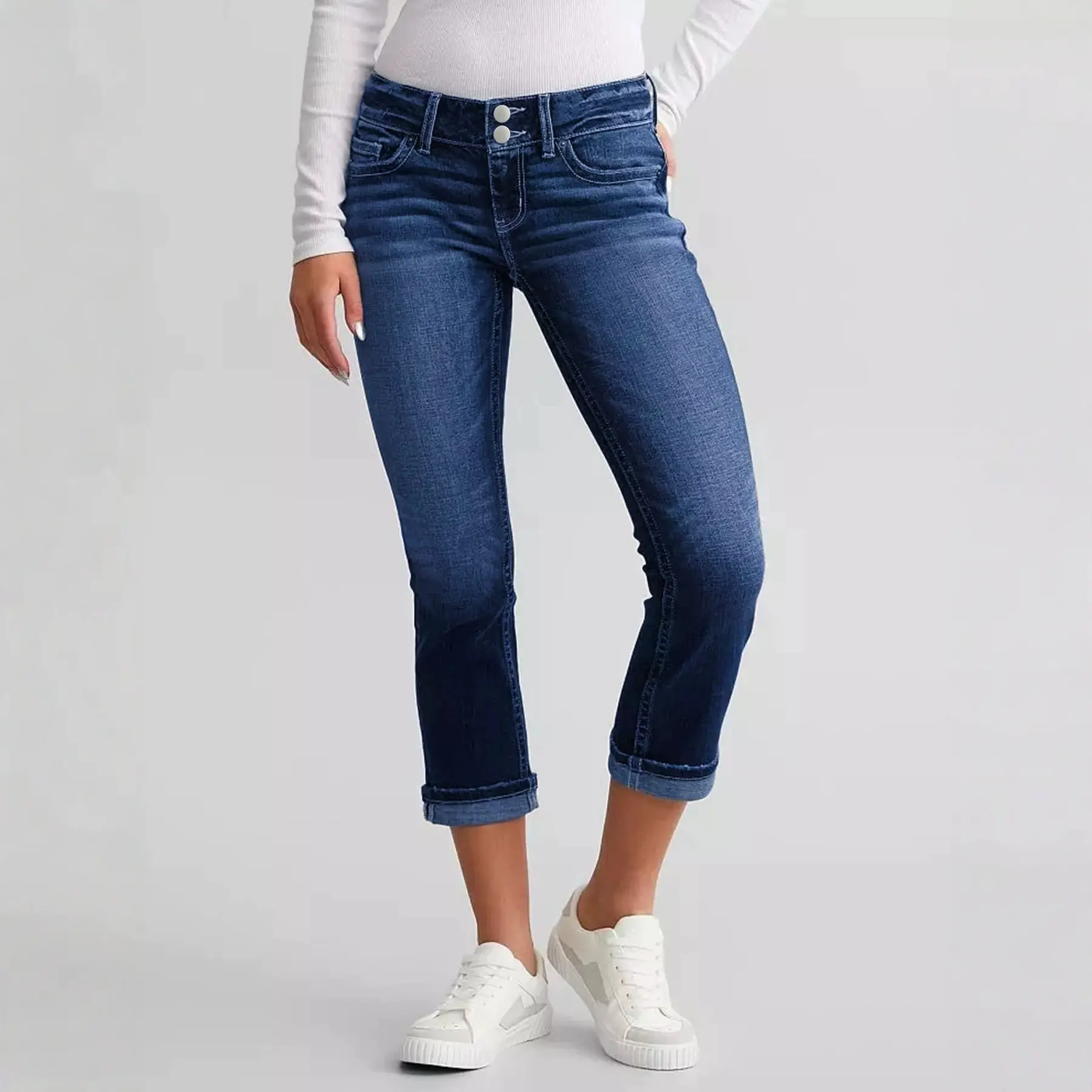 Stylish Blue Frayed-edge Denim Jeans American Street-style