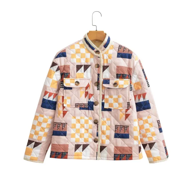 Diamond Lattice Pattern Print Cotton padded Jacket Coat Picture Color L - Shop at LoveMi
