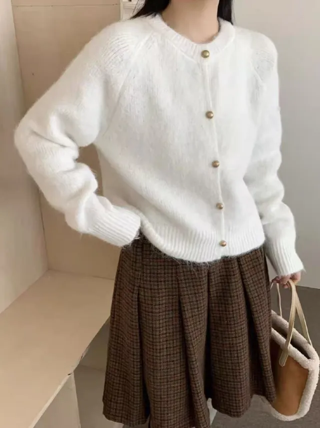 Metal Buckle Round Neck Knitted Cardigan Loose Casual White - Shop at LoveMi