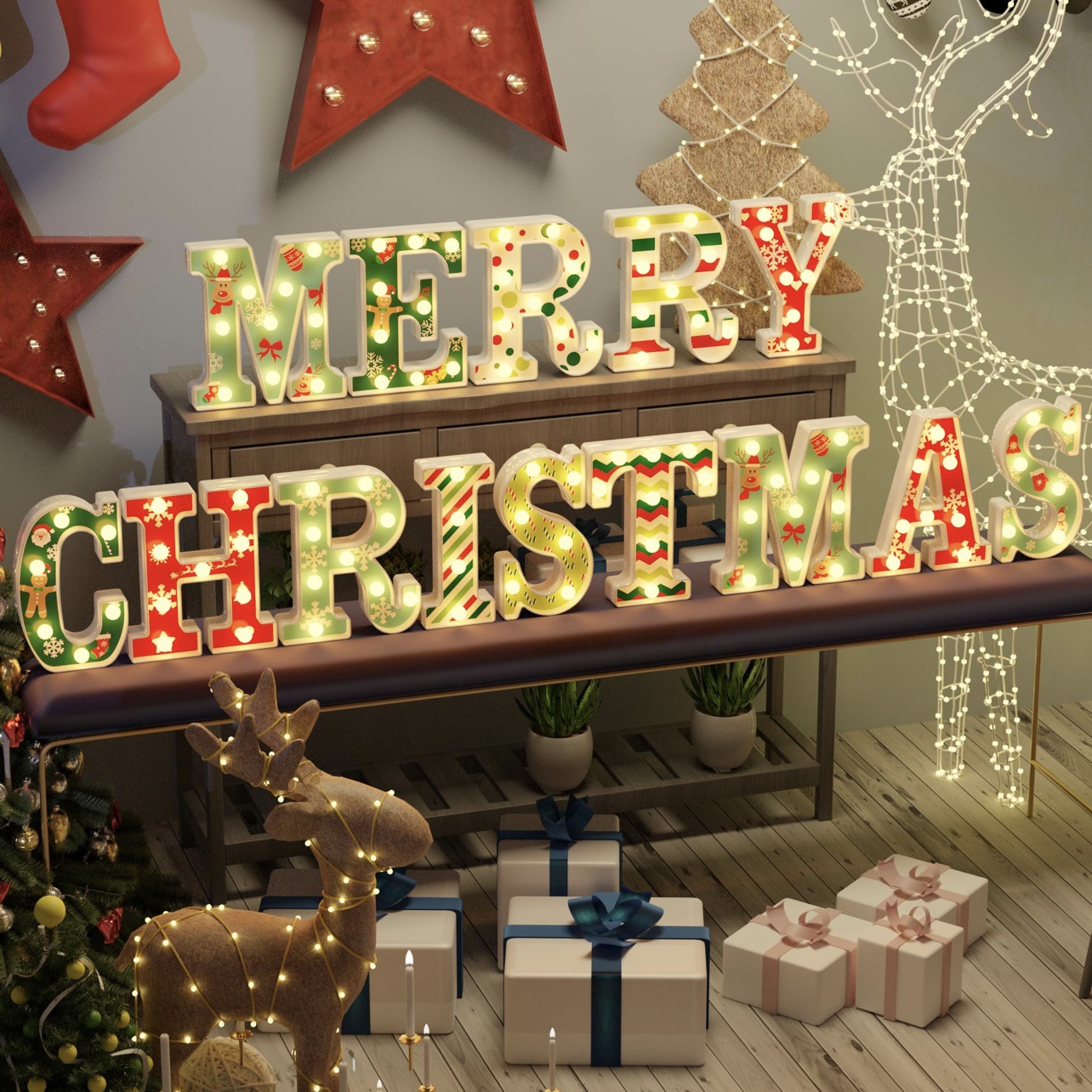 Title 15, Merry Christmas Letter Light JOY Decorative Let...