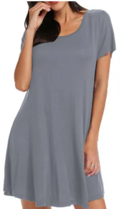 New Women's Round-neck Solid-color Casual Short-sleeve Swing Dress With Pockets - Gray - View 1