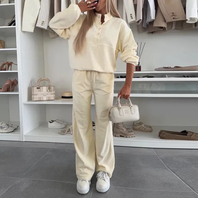 Solid Color Long Sleeve Button up Top Pocket Set Apricot - Shop at LoveMi