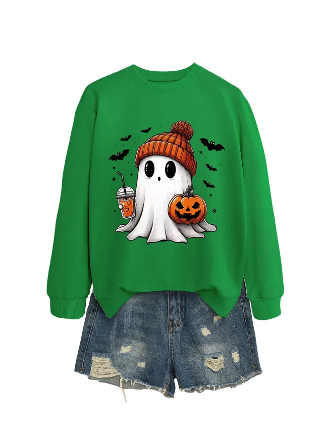 Fashion Long Sleeve Milk Tea Pumpkin Bat Printed Crew Neck Sweatshirt Green - Shop at LoveMi