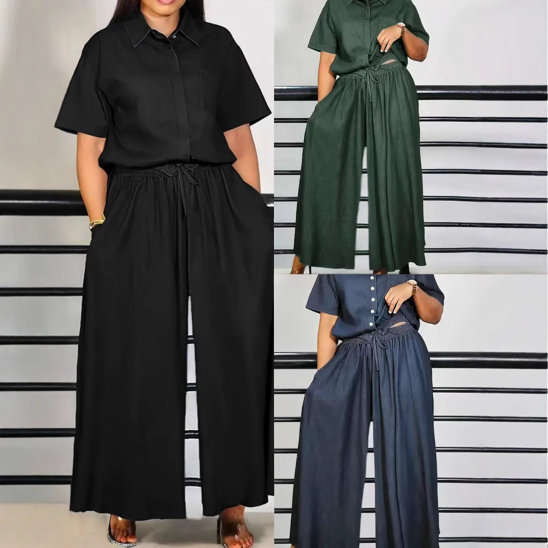 Womens Fashionable Loose Casual Solid-Color Two-Piece Set Short-Sleeve Top And Wide-Leg Long Pants