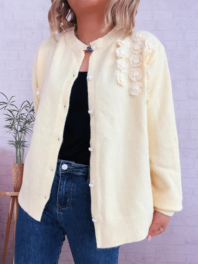 Knitted Button Three dimensional Flower Decorative Knitted Sweater Yellow - Shop at LoveMi