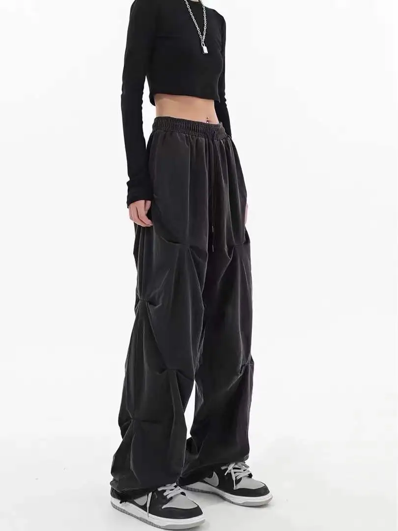 Spring And Summer Pleated Casual Drawstring Straight-leg Wide-leg Pants - Black