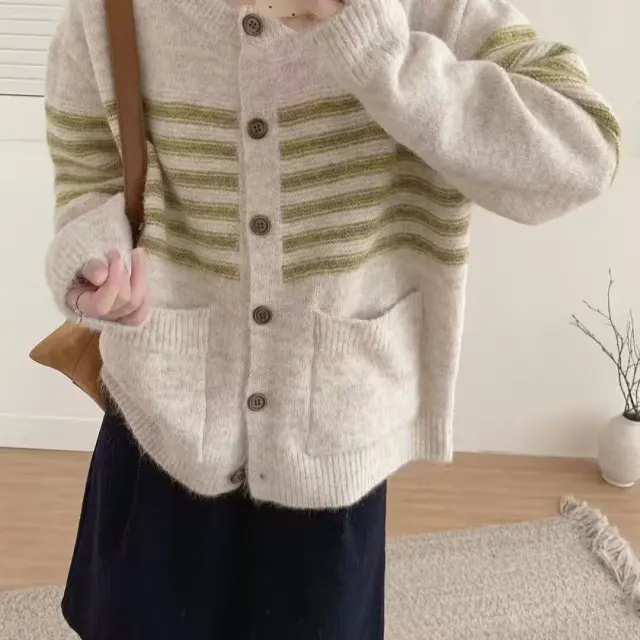 Vintage Stripe Versatile Knitted Cardigan Korean Style Green - Shop at LoveMi