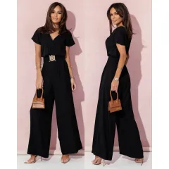 Solid Colour And V-neck Waist Trimming Short-sleeved Casual Trousers Jumpsuit - Black - View 1