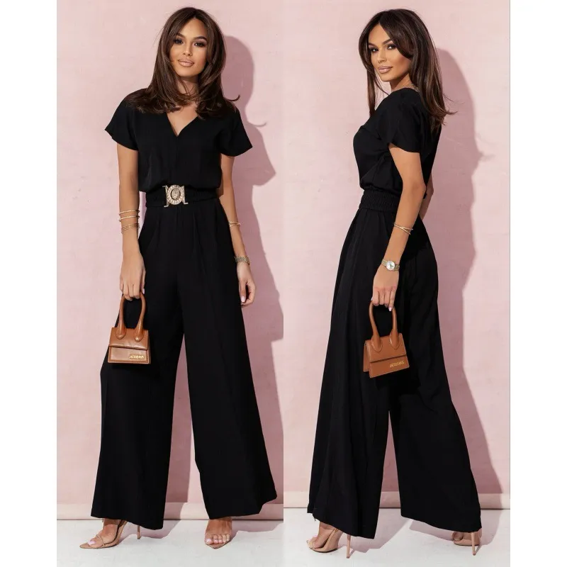 Solid Color And V-neck Waist Trimming Short-sleeved Casual Trousers Jumpsuit - Black