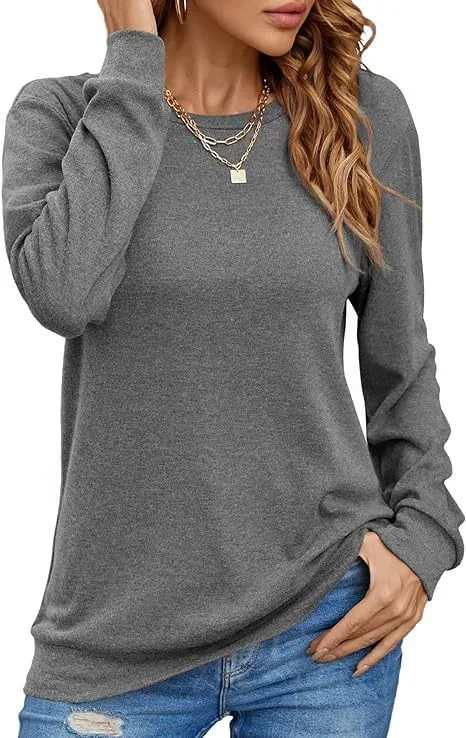 European And American Style Women Long Sleeve Shirt Solid Color Round Neck Coat Gray - Shop at LoveMi