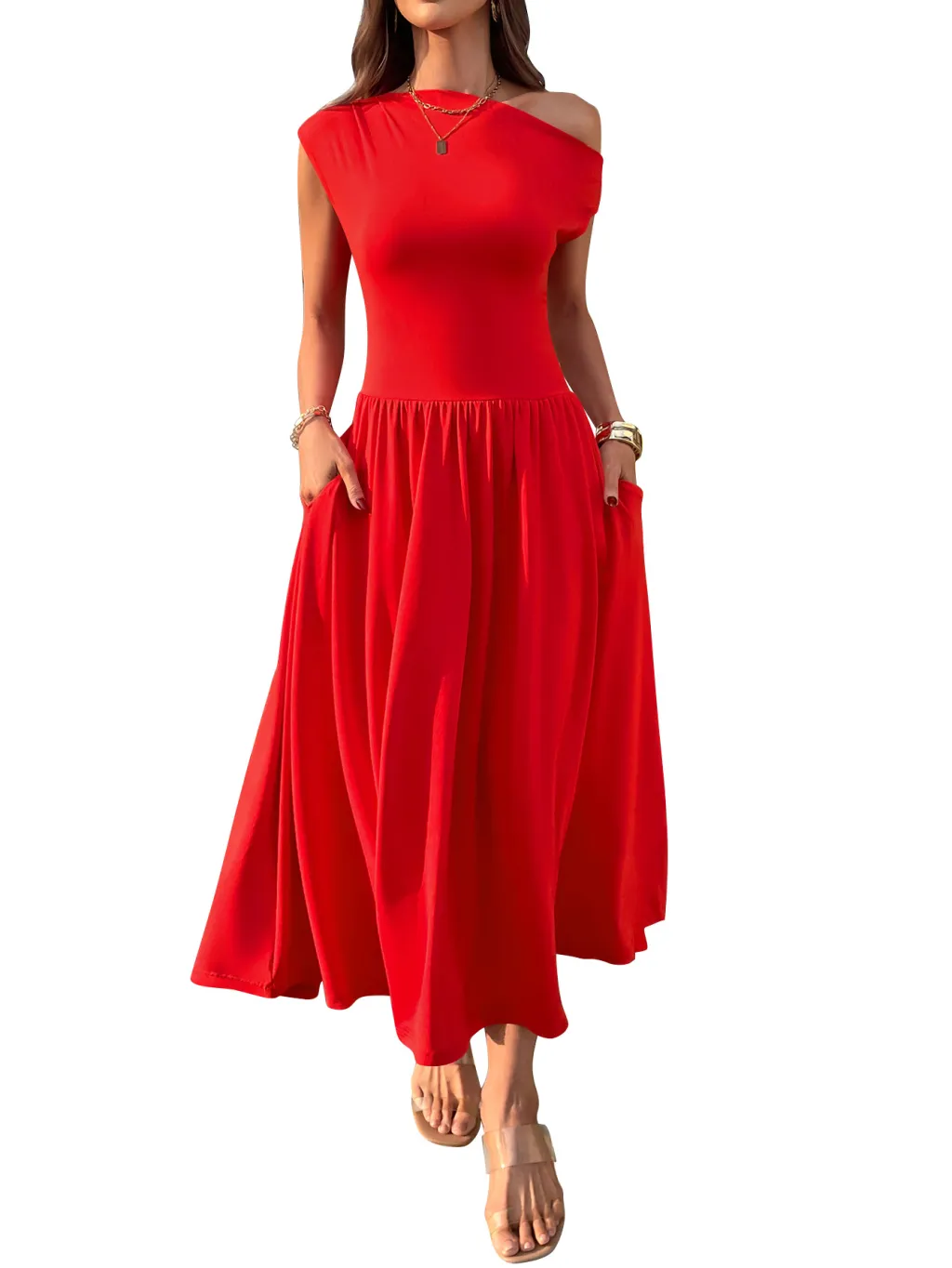 Slant Shoulder Sexy Waist Trimming Long With Pocket Dress - Red