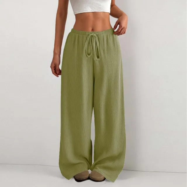 Women's Solid Color Loose Wrinkle Waist Drawstring Wide Leg Casual Trousers Army Green - Shop at LoveMi