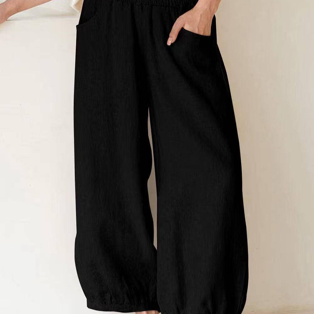 Casual Linen Loose-fit Solid-color Wide-leg Cropped Pants