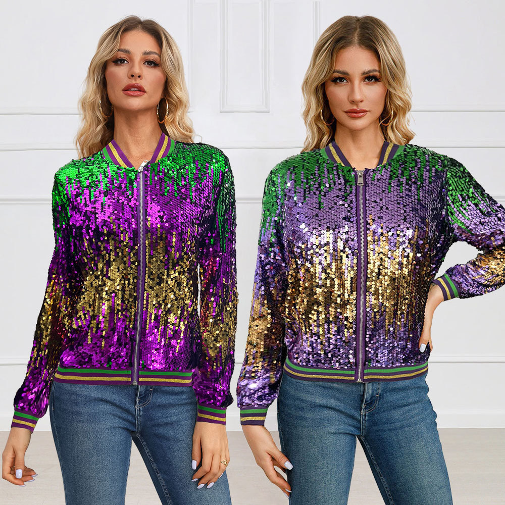 Women's Stand-collar Sequin Baseball Jacket For Spring And Autumn