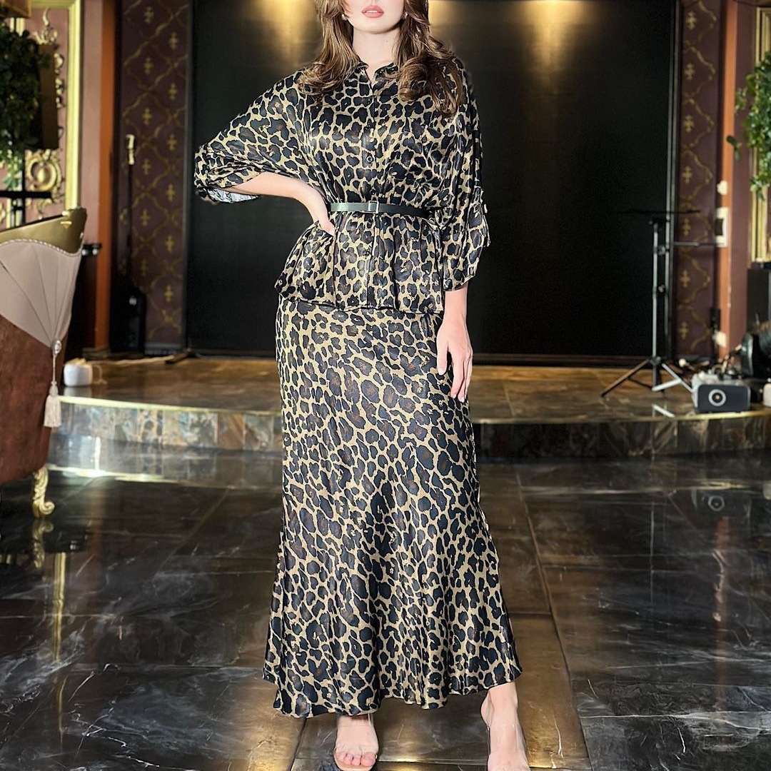 Leopard print Long sleeved Shirt Skirt Suit Leopard Print - Shop at LoveMi