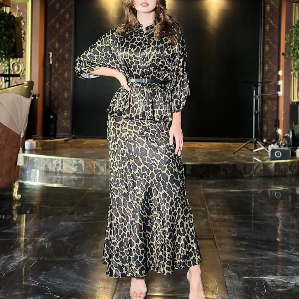 Leopard-print Long-sleeved Shirt Skirt Suit - Leopard Print