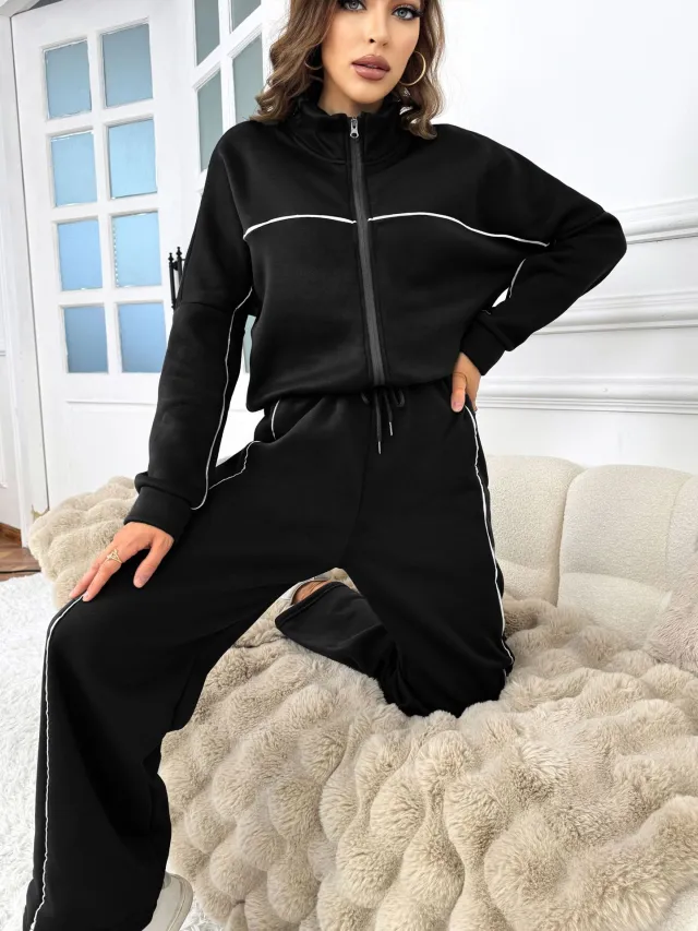 Women's Casual Long sleeved Half Turtleneck Cardigan Sweater Lace up Striped Trousers Black - Shop at LoveMi