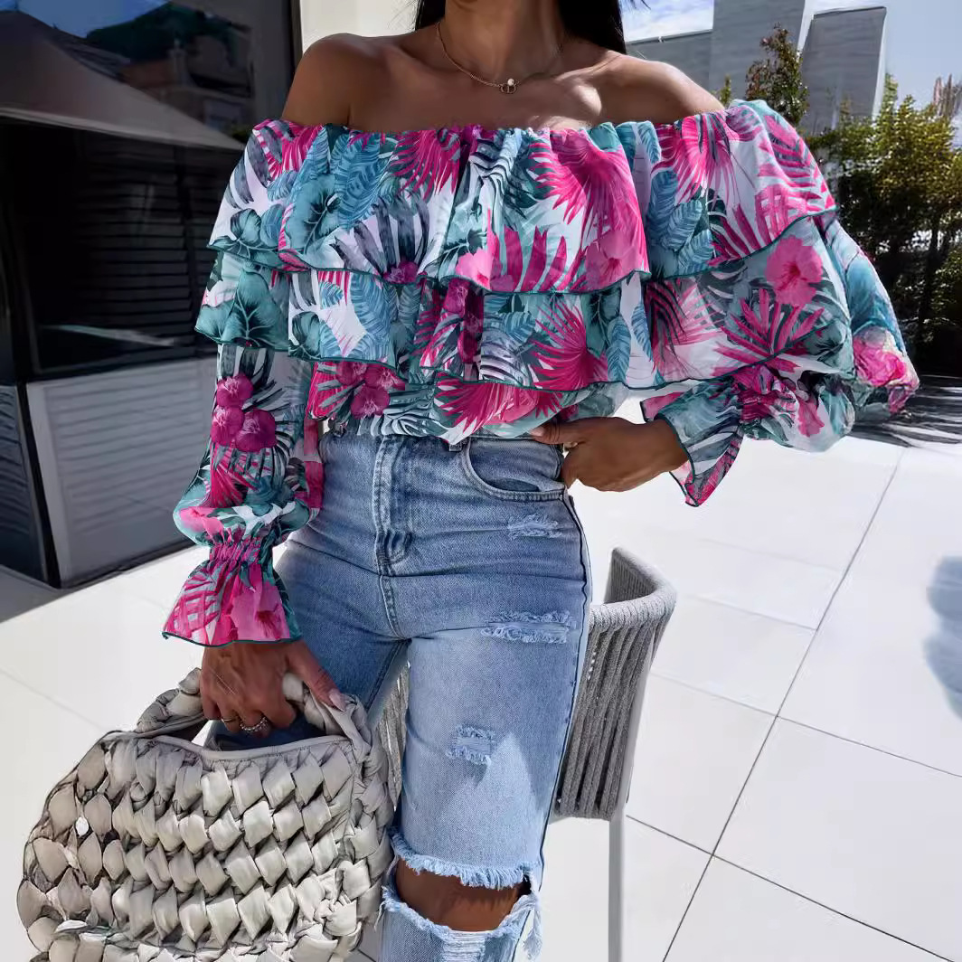 Fashionable Off-shoulder Print Blouse With A Boat Neckline