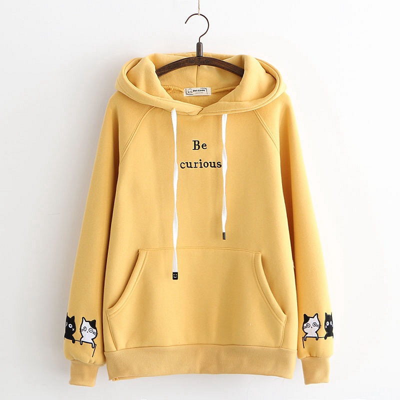 Japanese College Style Letters Cartoon Cat Embroidery Velvet Loose Hooded Sweater For Women Fleece Shirt Yellow - Shop at LoveMi