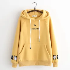 Japanese College Style Letters Cartoon Cat Embroidery Velvet Loose Hooded Sweater For Women Fleece Shirt - Yellow - View 1