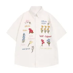 Retro Bear Embroidery Short Sleeve Plaid Shirt Summer Clothing - White - View 1