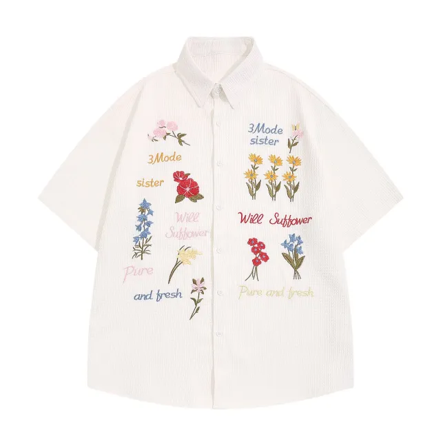 Retro Bear Embroidery Short Sleeve Plaid Shirt Summer Clothing White - Shop at LoveMi