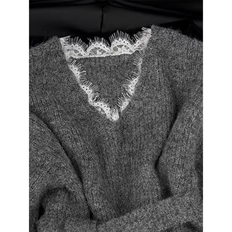 Patchwork Fake Two Pieces Pullover Gray Top