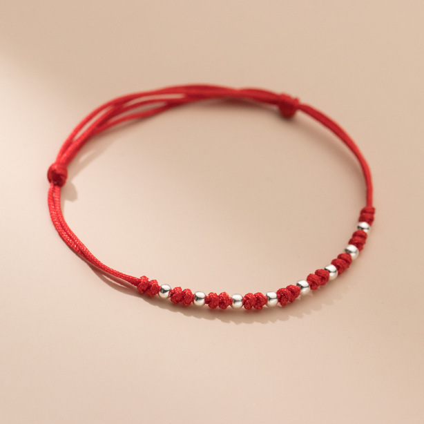 S925 Silver Simple Interval 8 Pieces Light Bead Red Rope Hand-woven