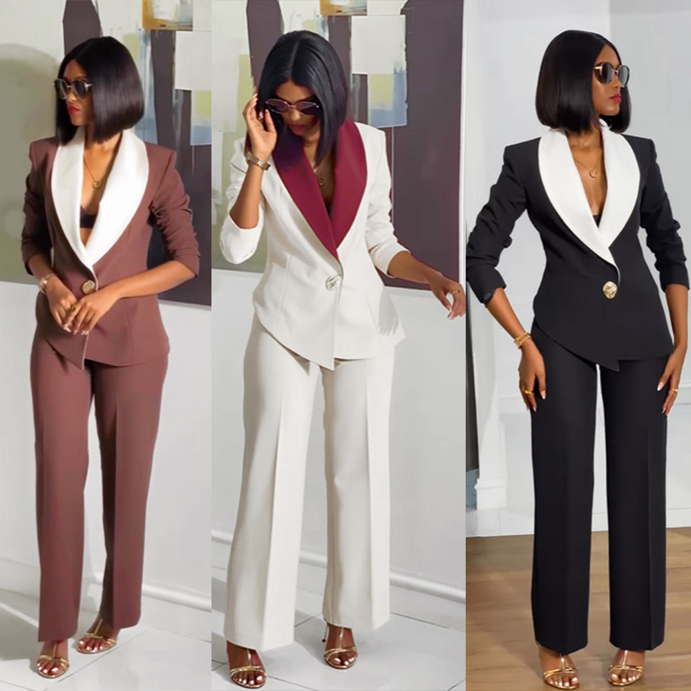 Contrast-color Large Lapel Casual Blazer And Pants Two-piece Set