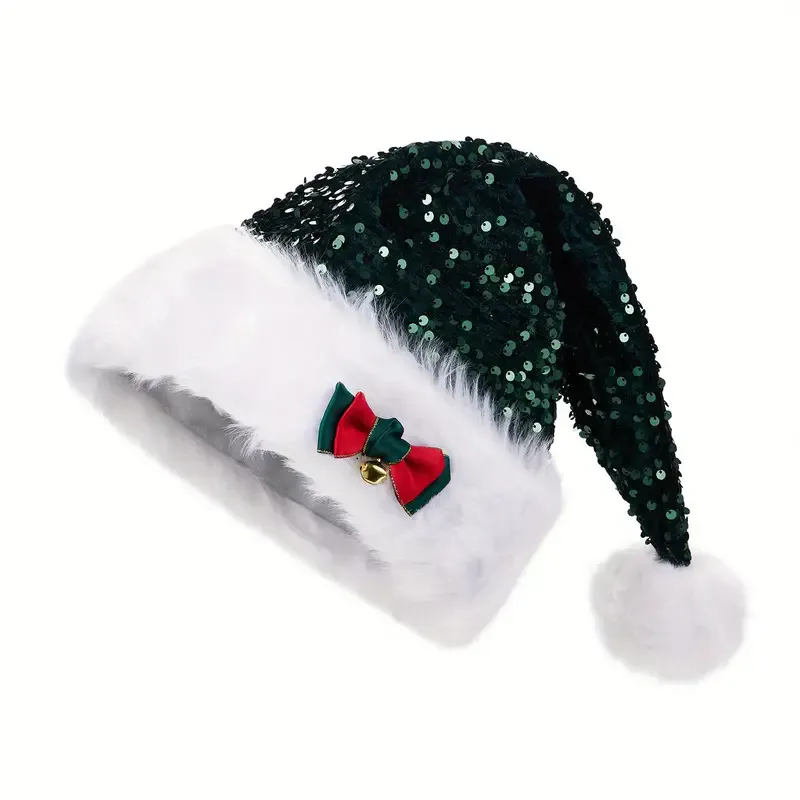 Christmas Hat With Red Sequins And Bow Design Warm Plush Decorative Hat, Christmas Enlarged And Thickened Long Haired Hat – image 6