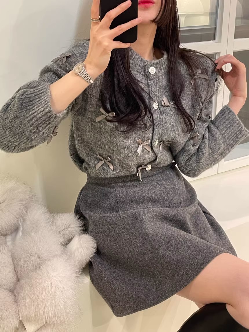 Round Neck Bowknot Decorative Loose All-match Knitted Cardigan Sweater Coat For Women