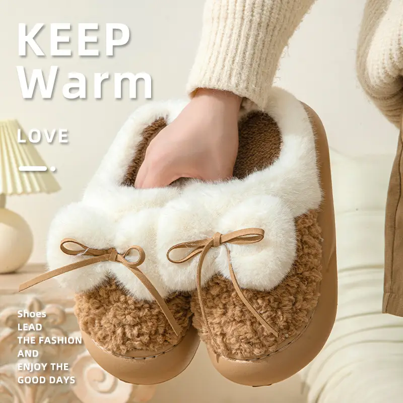 Plush Platform Bow Slippers for Women — Light Brown, 36or37