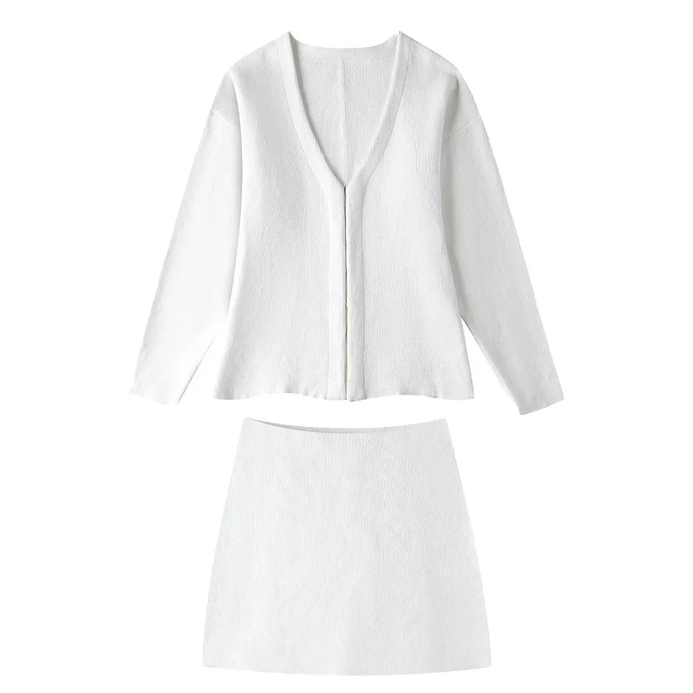 Women's Cross-border Loose Sleeves Knitted Coat With Short Skirt - White Suit
