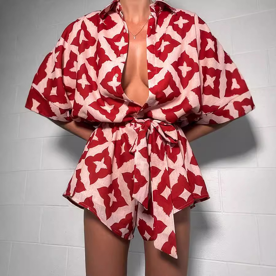 European And American Loose Casual Print Lace-up Jumpsuit Shorts