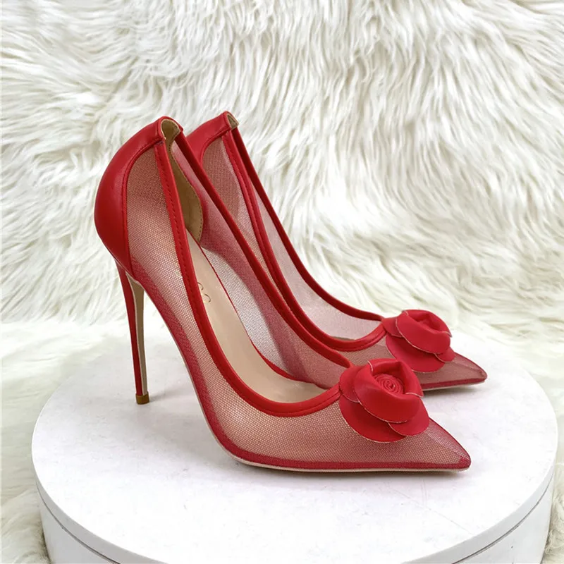 Mesh Ladies High 12CM Pointed Toe Stiletto Low-cut Shoes Sandals - Red