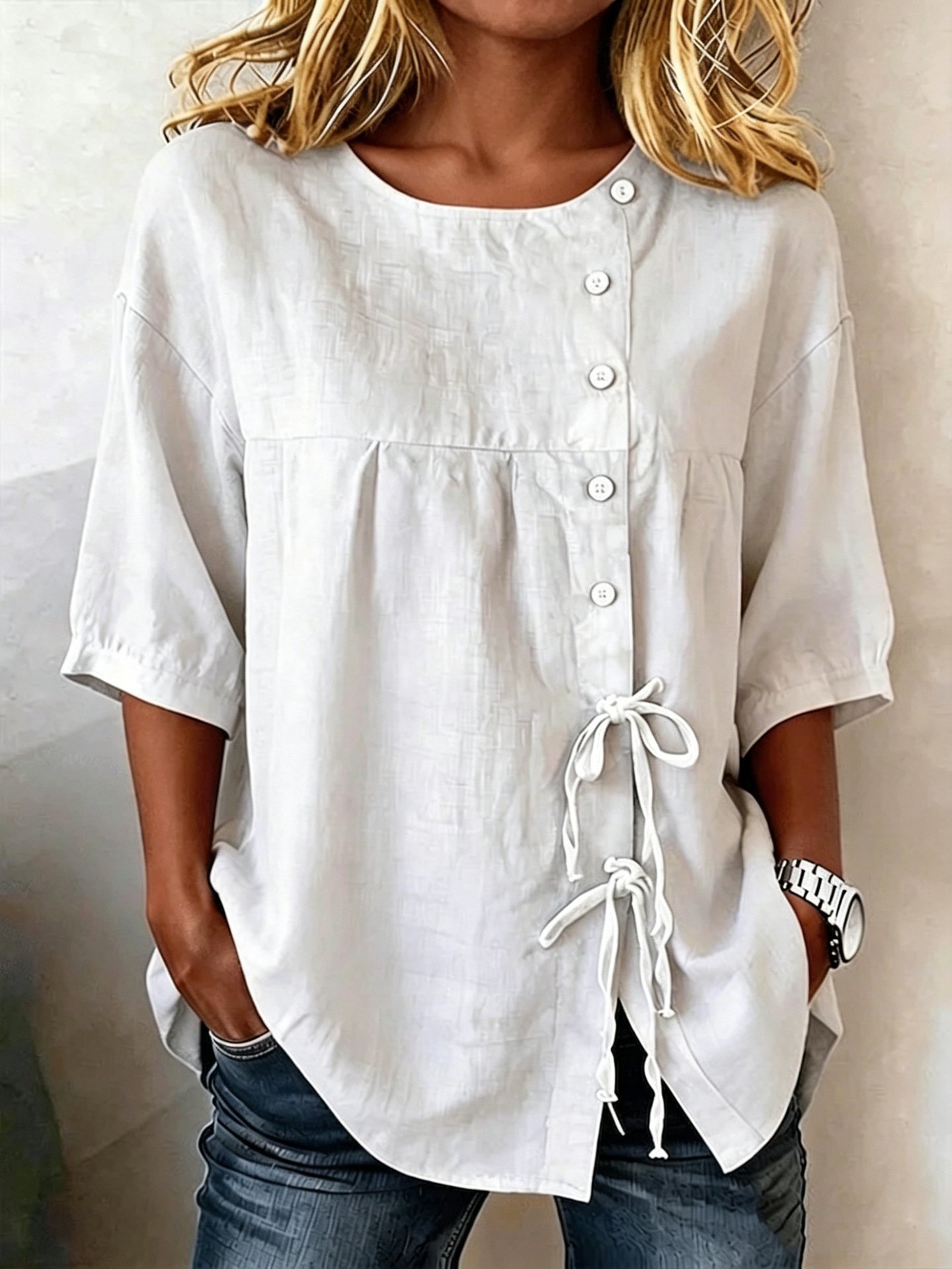 Women's linen lace-up shirt – white colorway full outfit view