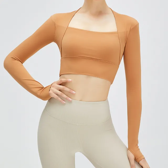 Yoga Clothes Long sleeved Women's Lulu Sports Top Running Fitness Clothes Camel Yellow - Shop at LoveMi